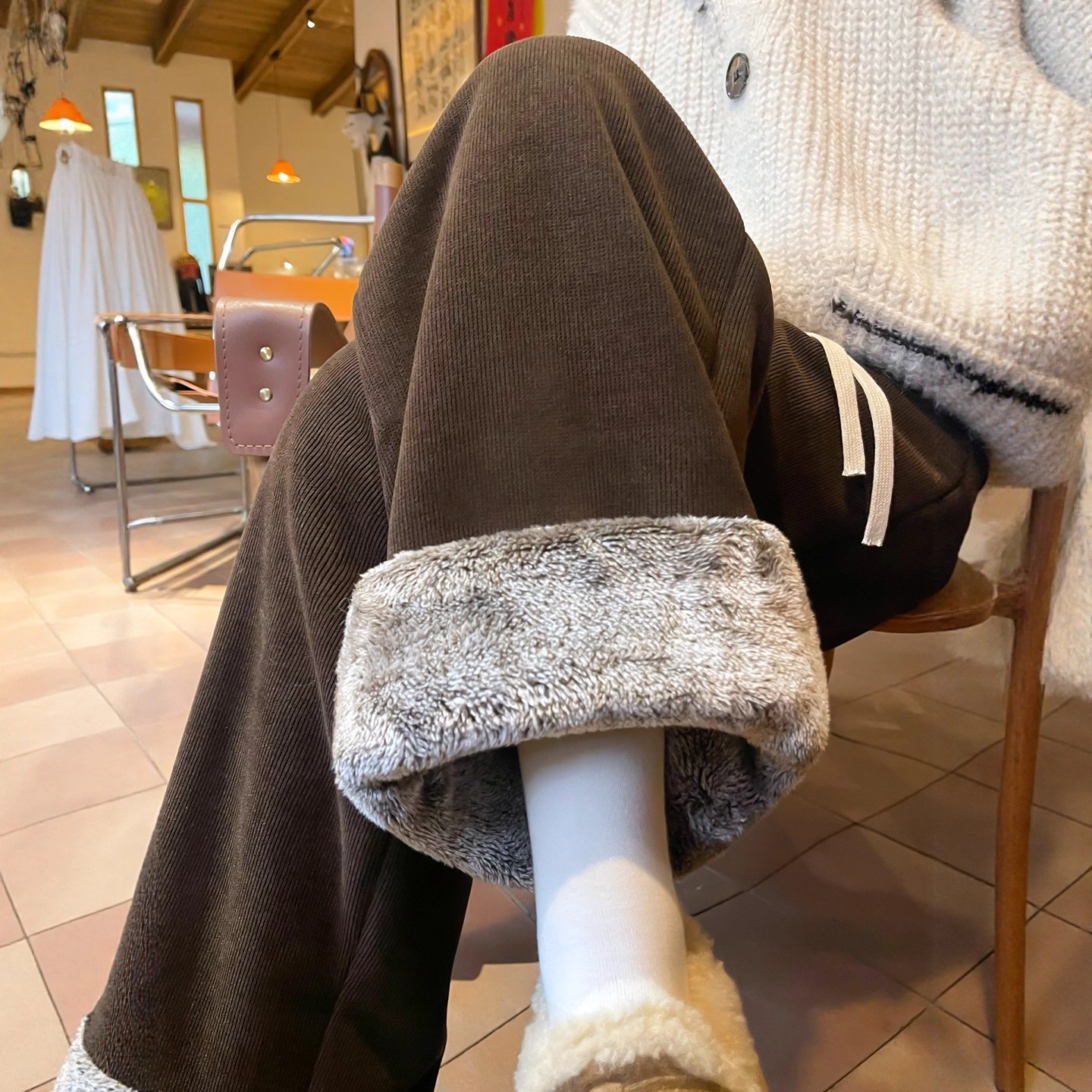 NOME（服饰）咖色阔腿裤女秋冬加绒加厚高腰垂感休闲雪尼尔羊羔裤