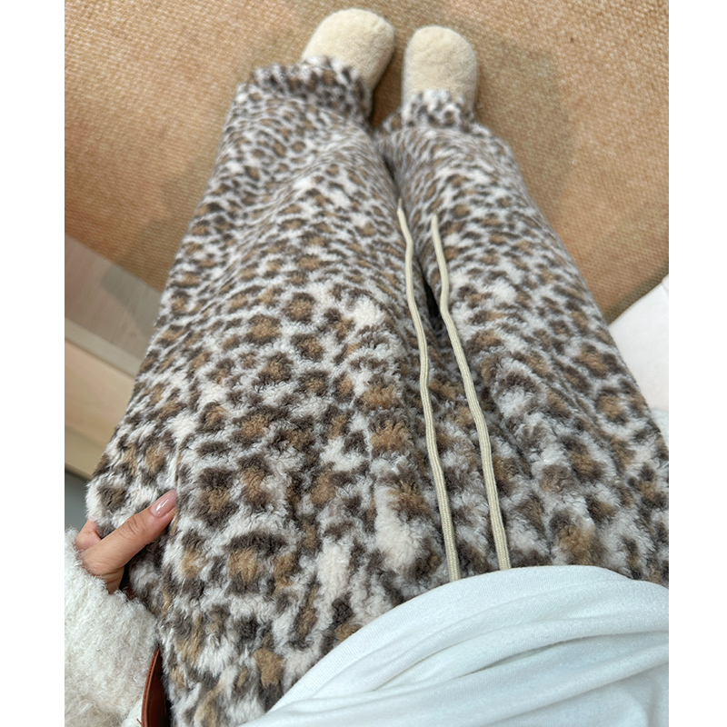 复古咖色豹纹阔腿裤女2025秋冬新