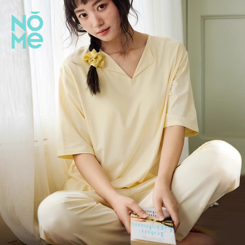 NOME（服饰）春夏2025家居服女桑蚕丝中袖长裤宽松套装纯色带