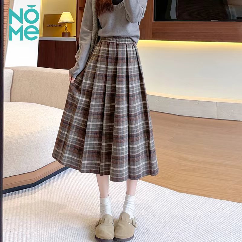高腰显瘦中长款伞裙褶皱格子裙