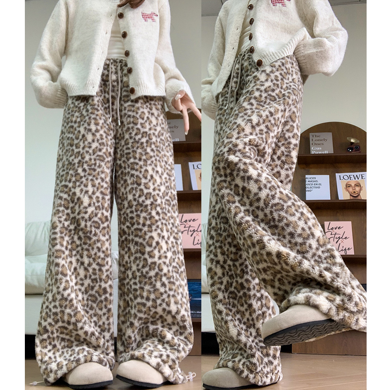 复古咖色豹纹阔腿裤女2025秋冬新