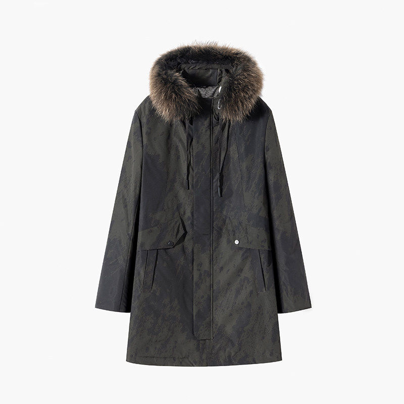 NOME（服饰）2025冬男百搭中长款貉子毛领白鸭绒迷彩羽绒服外套