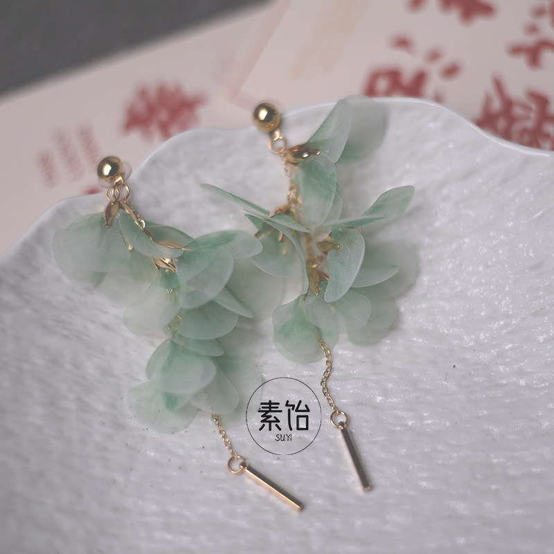 超仙温柔风~紫色网纱流苏花瓣耳环夸张长款耳坠耳钉绝美计感耳饰