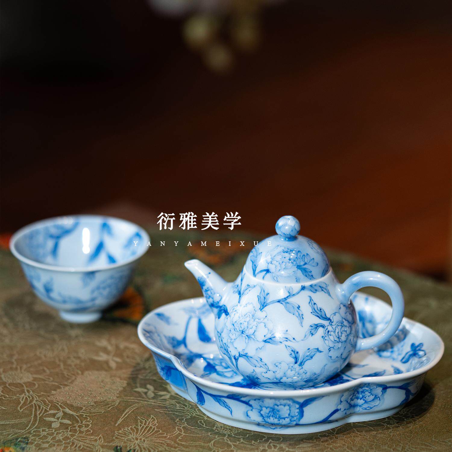 小雅瓷器家｜景德镇青樵轩手绘青花瓷蓝韵牡丹茶壶茶杯新中式茶具