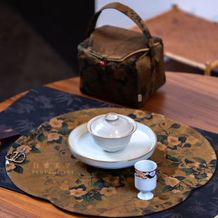 慢蓝真丝香云纱山茶花轻奢茶席垫子 宫廷风高端便携茶事包 新中式