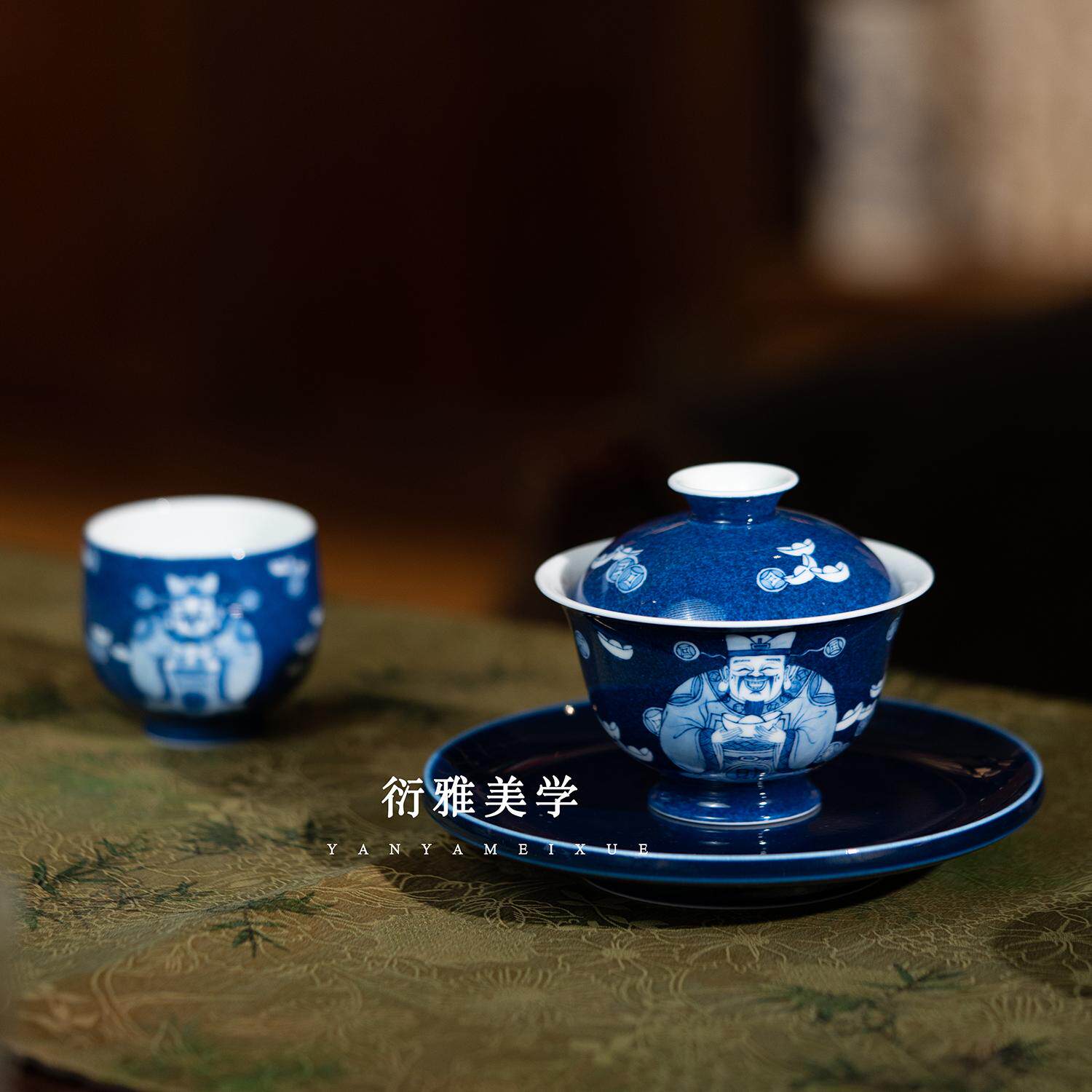 小雅家丨初蓝舍景德镇剔青青花洒蓝釉财神盖碗壶承新中式高端茶具