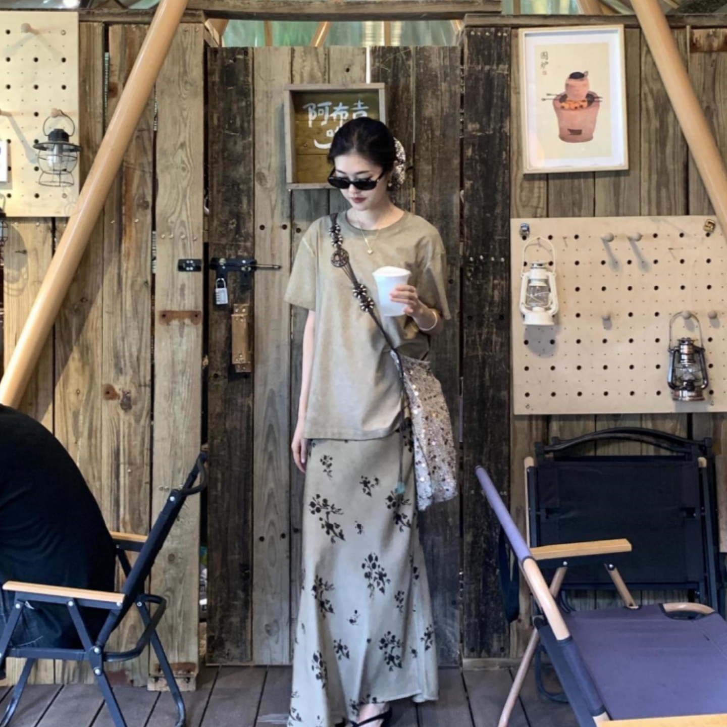 法式松弛感短袖上衣高腰包臀半裙