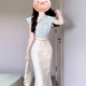 衬衫 女纯欲风辣妹小飞袖 上衣高腰显瘦鱼尾包臀半身裙 减龄套装 夏季