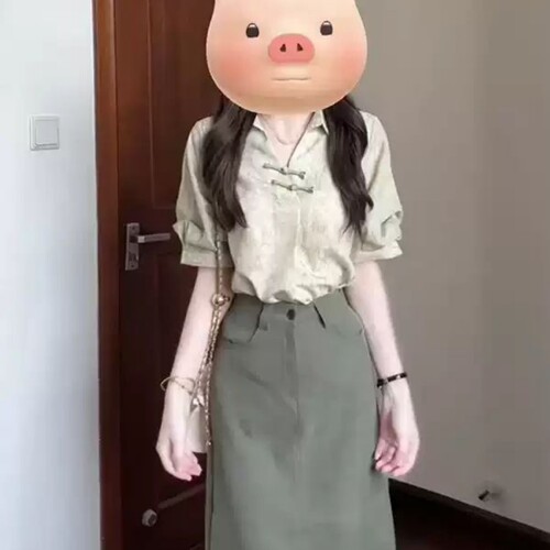 韩系减龄短袖衬衫高腰显瘦半身裙