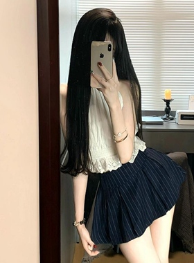 纯欲风性感套装女韩版无袖短款挂脖上衣藏蓝色高腰显瘦条纹半身裙