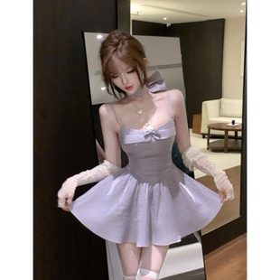 初恋风甜美收腰显瘦吊带连衣裙女小个子蝴蝶结紫色氛围感蓬蓬短裙