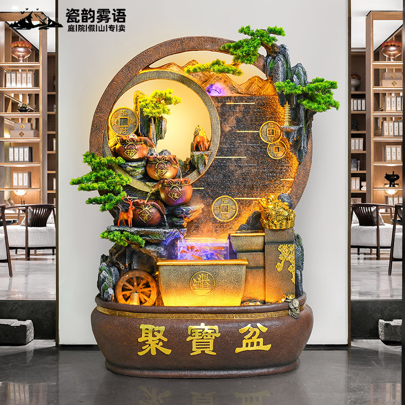 聚宝盆假山循环水幕墙招财客厅流水摆件风水轮加湿器鱼缸水景观