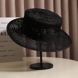 法式 赫本风蕾丝网纱黑色平顶礼帽女夏天防晒遮阳帽出游度假太阳帽