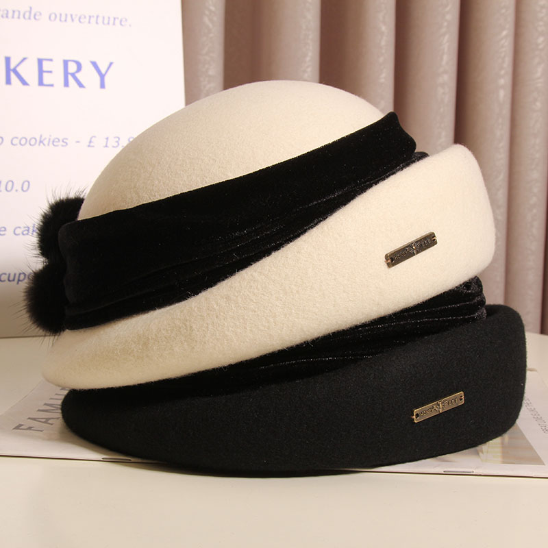日系复古水貂毛球羊毛呢贝雷帽女
