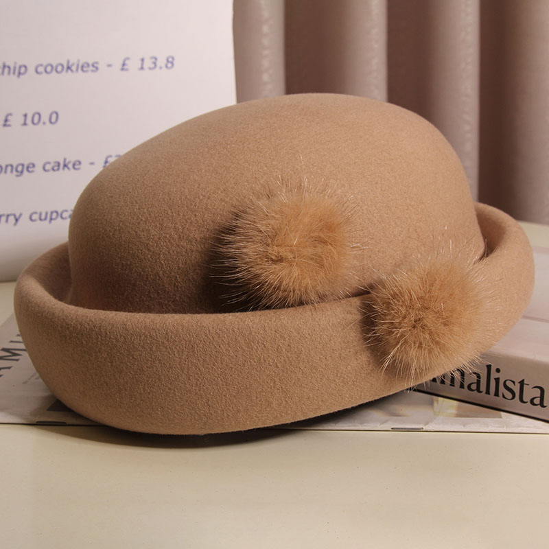 法式优雅水貂毛球羊毛呢贝雷帽女秋冬英伦百搭卷边小礼帽保暖盆帽