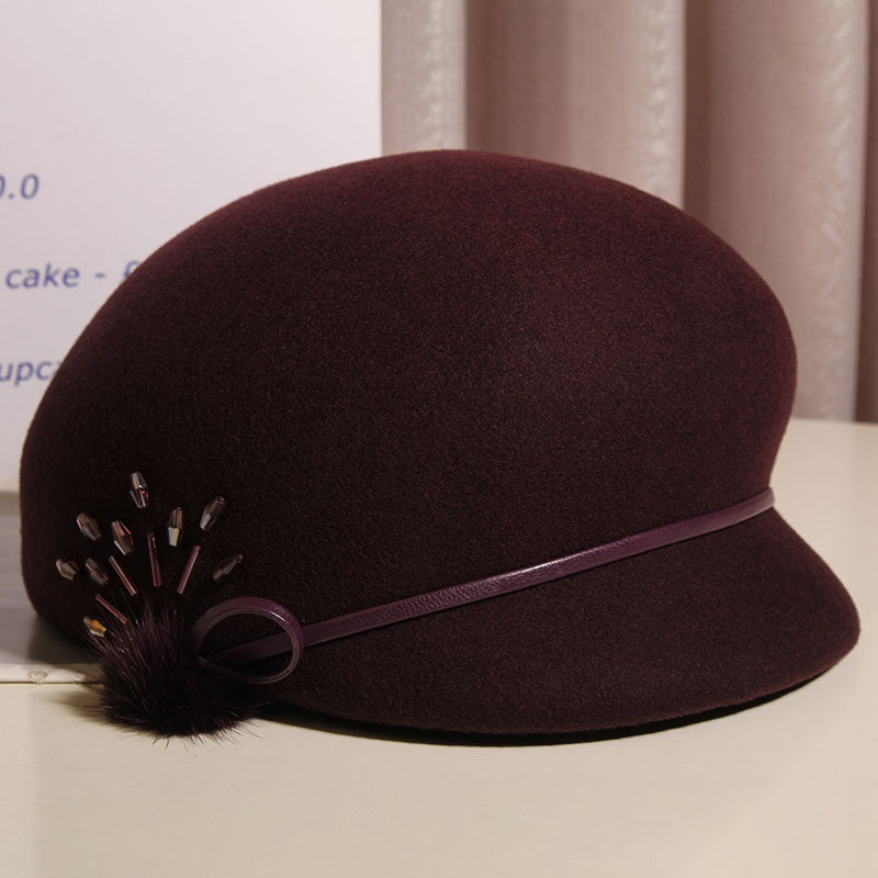 鸭舌帽女秋冬羊毛礼帽日系复古优雅水貂毛蝴蝶结贝雷帽英伦马术帽