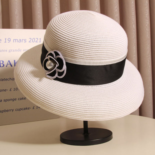 法式名媛复古山茶花优雅赫本草编渔夫帽女夏季出游防晒遮阳沙滩帽