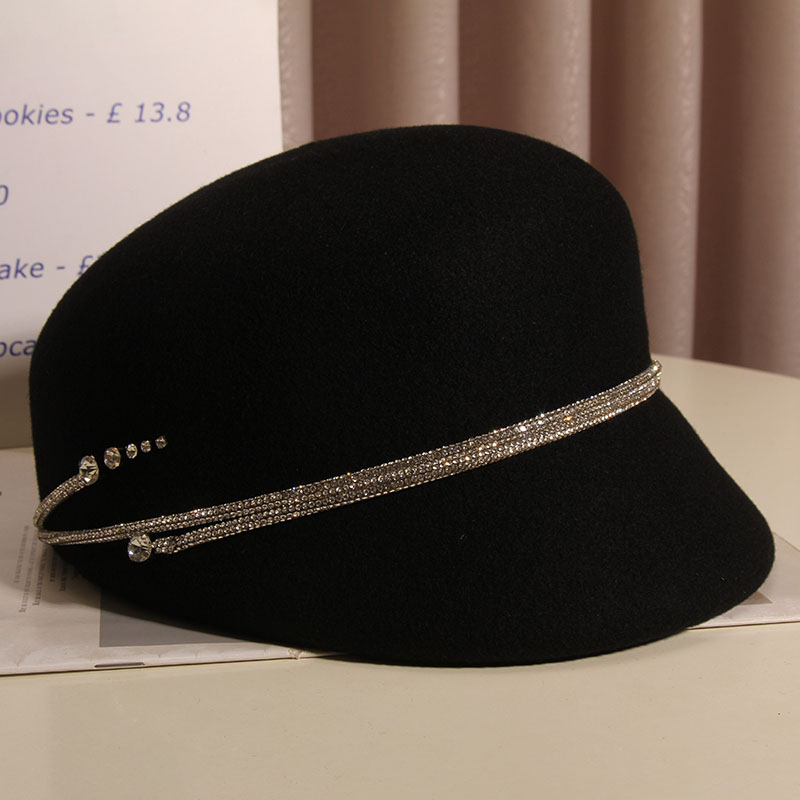 鸭舌帽女秋冬羊毛礼帽日系复古优雅气质水钻贝雷帽英伦毛呢马术帽