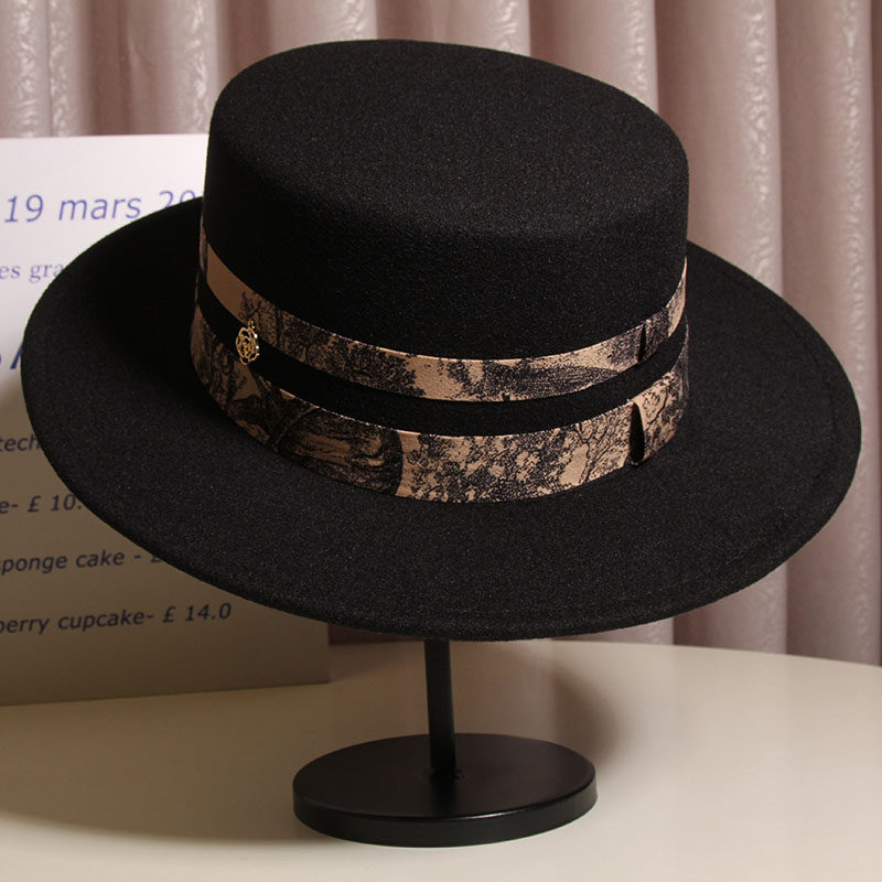 中国风水墨画织带英伦复古毛呢礼帽女秋冬时尚百搭宽檐黑色爵士帽