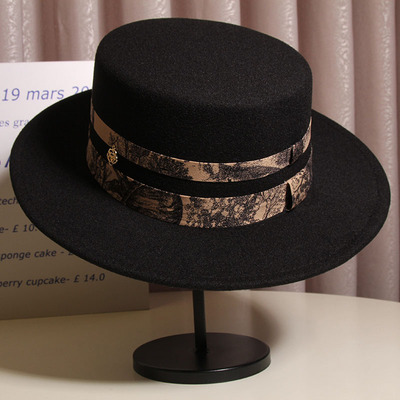 中国风水墨画织带英伦复古毛呢礼帽女秋冬时尚百搭宽檐黑色爵士帽