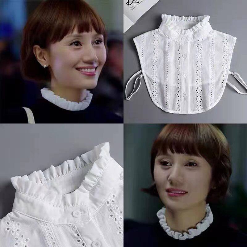 假领子配羊毛衫蕾丝女花