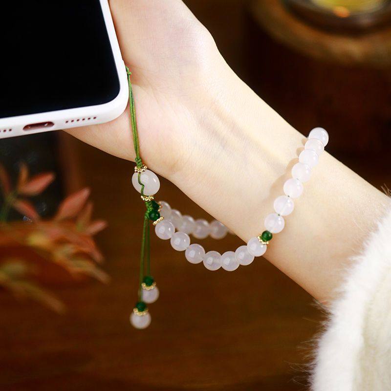 独特好看的手机链白玉髓手机链子挂手腕夏季清凉碧玉静心串珠中秋
