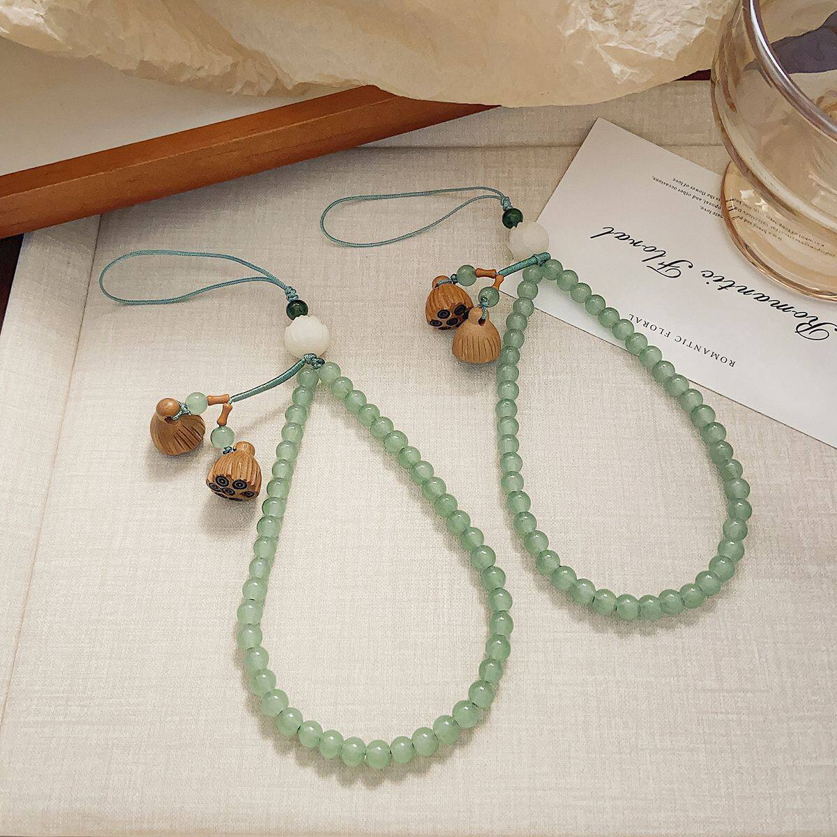 绿色手机链中式白玉菩提根莲花手机挂绳中国风短款手腕女手机链挂