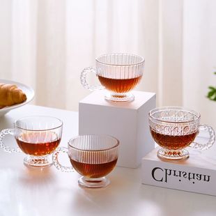 年轻人茶具高颜值咖啡杯碟复古浮雕玻璃杯耐高温透明茶杯中式轻奢