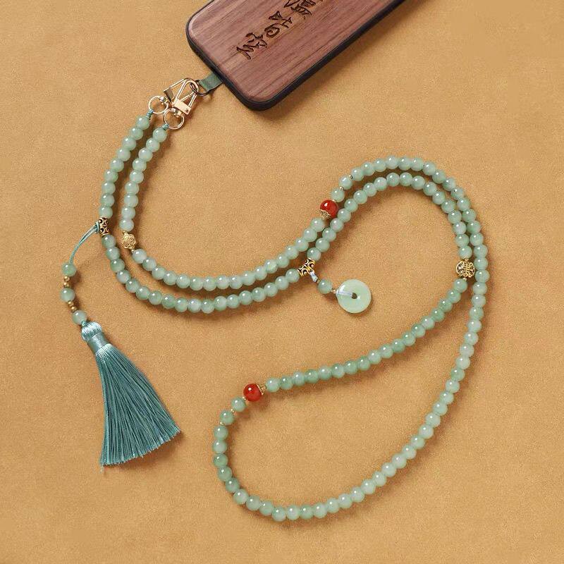 绿色手机链新中式手工串珠手机挂链女长款流苏项链吊坠斜挎链高级