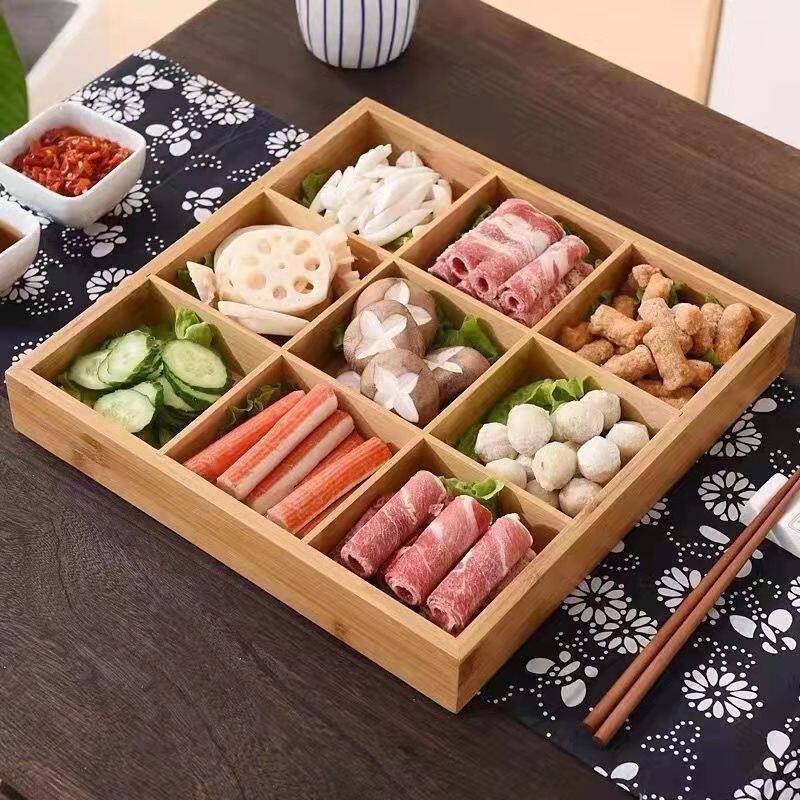 吃火锅放菜的盘子热卖网红九宫格托盘木质日式火锅菜盘九宫格火锅