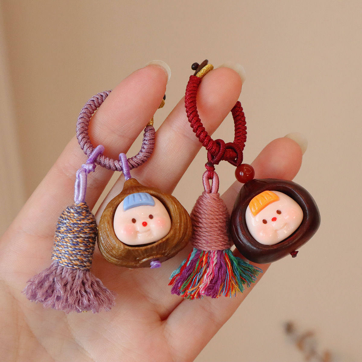 超好看钥匙扣天然紫檀木雕卡通可爱板栗女妹大蒜挂件绿檀木手机链