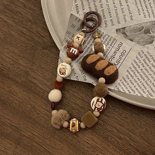 超好看钥匙扣创意美式复古咖色系M豆毛毡面包手机链挂绳包挂件钥