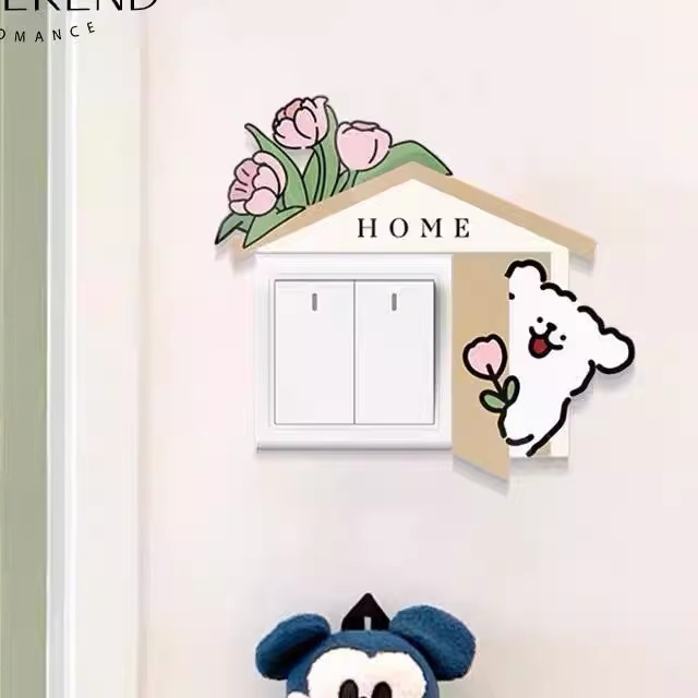 2025年新款开关贴玫瑰花小狗创意开关贴装饰植绒材质墙贴自粘防水