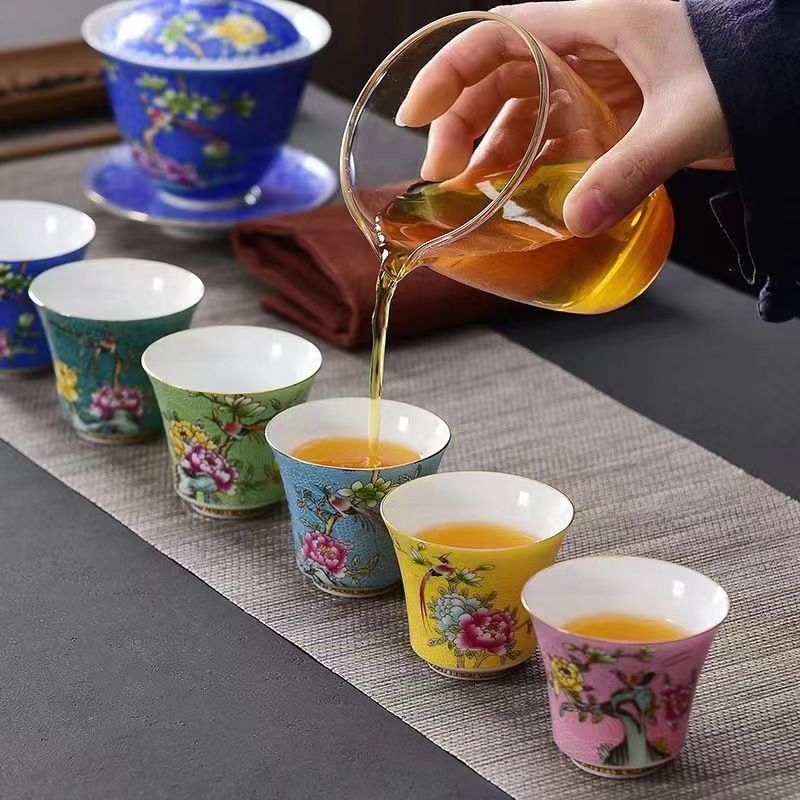 茶杯套装6只青花珐琅彩陶