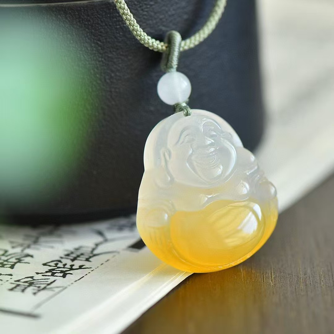 玛瑙玉髓平安扣吊坠树叶观音佛公挂件项链俏色绿色玉髓直播货源