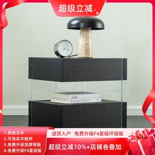 极简收纳柜床边玻璃床头柜北欧轻奢高级感置物储物床边柜子 意式