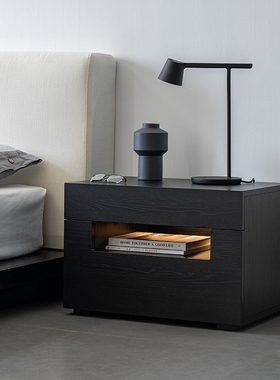 设计师款意式极简床头柜现代简约带灯一体床边柜卧室储物柜收纳柜