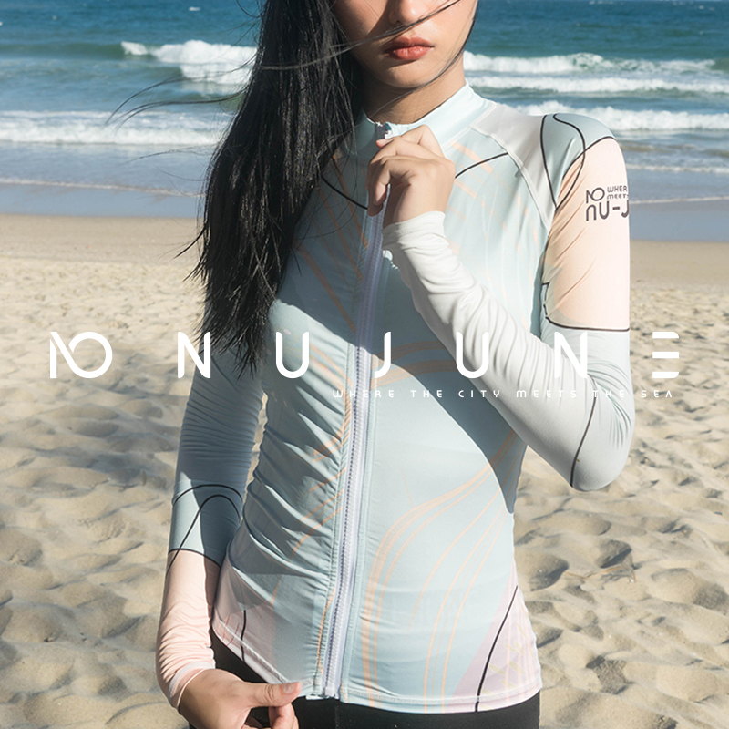 NuJune游泳衣女夏分体长袖防晒保守运动沙滩温泉拉链款潜水冲浪服