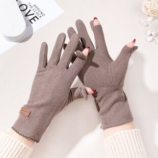 可以玩手机的手套女士手套冬天保暖防寒防风翻盖露指漏二指德绒不