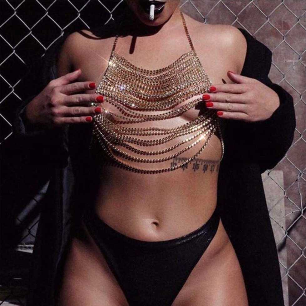 新品性感夸张满钻身体链 欧美女夜店水钻上衣胸链body chain