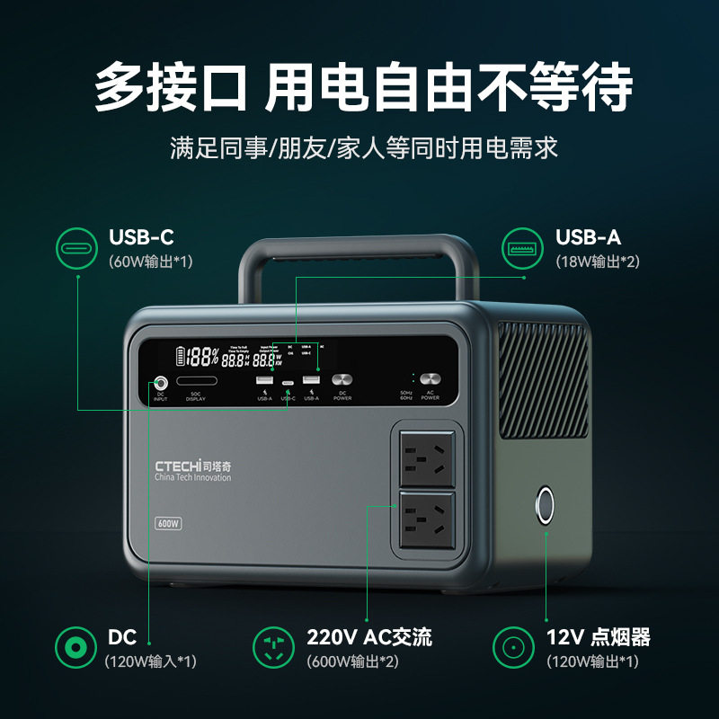工厂外贸600W便携式应急电源户外移动储能220V DC AC输出应急电源