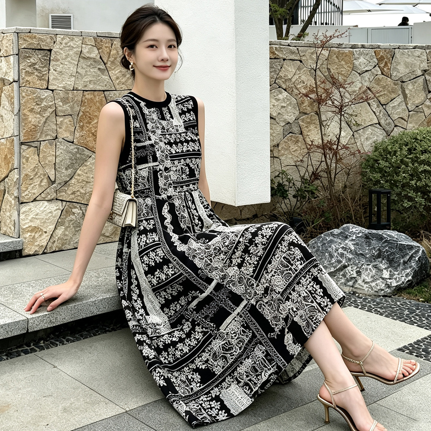 女士无袖棉绸连衣裙长款夏季2026新款大码胖mm宽松直筒印花长裙子图片