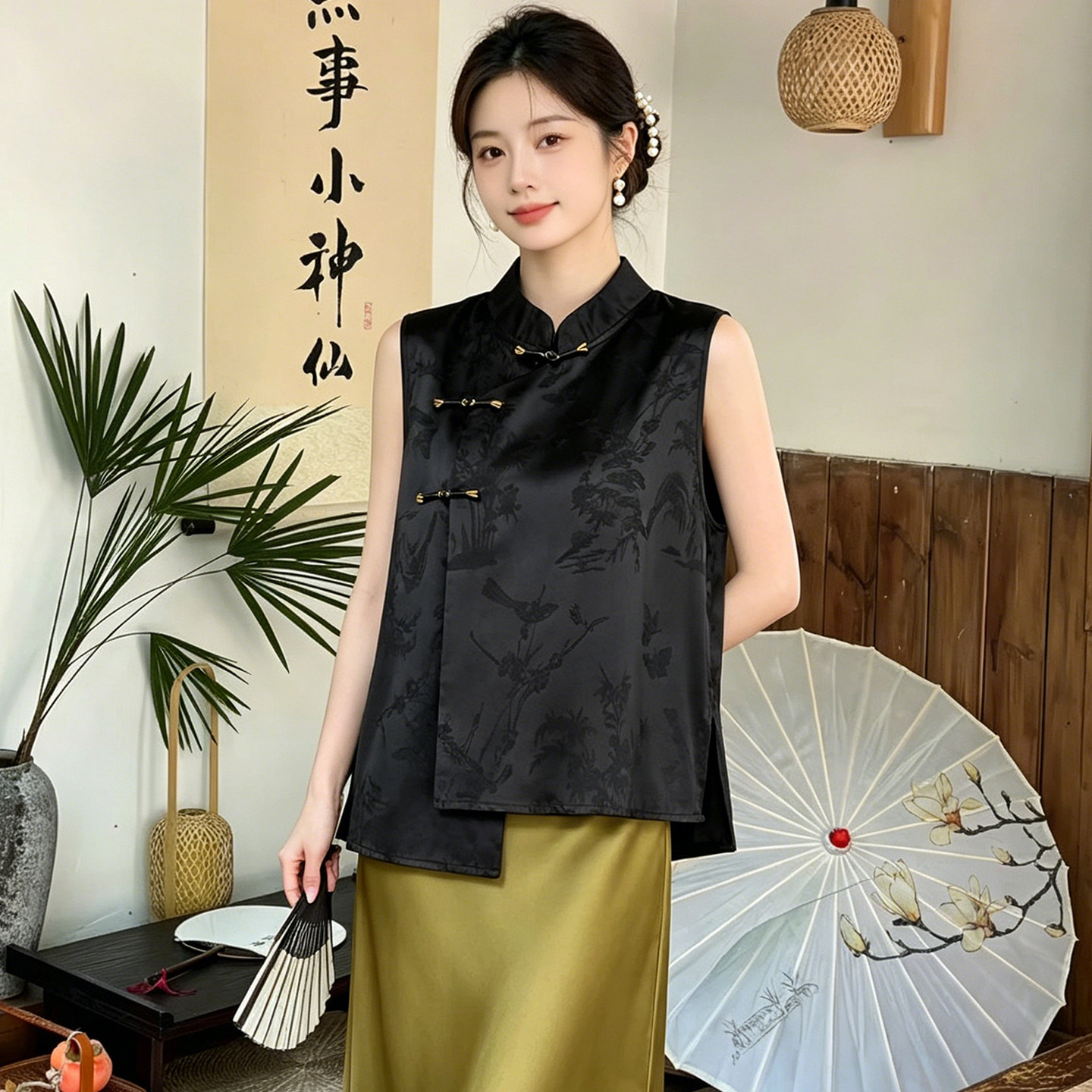 夏季薄款新中式国风黑色马甲背心外搭叠穿女款无袖宽松上衣女装图片