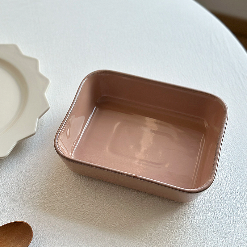 半颗橘子HO 原单粉咖质感方形陶瓷烤盘牛肉焗饭陶瓷烤盘