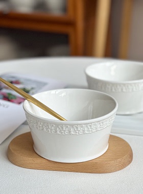 半颗橘子HO 白色韩式浮雕早餐碗直边麦片酸奶碗 单人水果沙拉碗