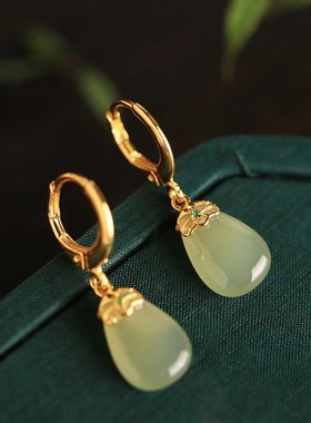 和田玉纯银水滴款耳扣女新中式国风绿色玉石耳环耳坠耳饰生日礼物
