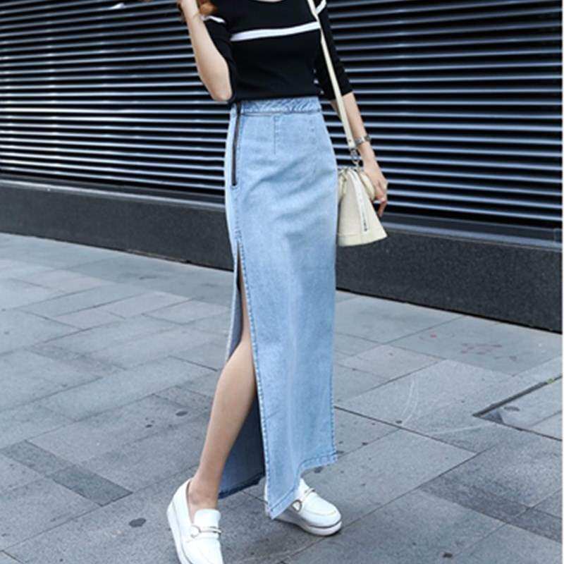 浅蓝色牛仔长裙女韩版修身显瘦高腰中长裙拉链开叉包臀半身一字夏在类目 女装/女士精品, 半身裙中 - 来自Buy2taobao.com提供专业的淘宝代购服务