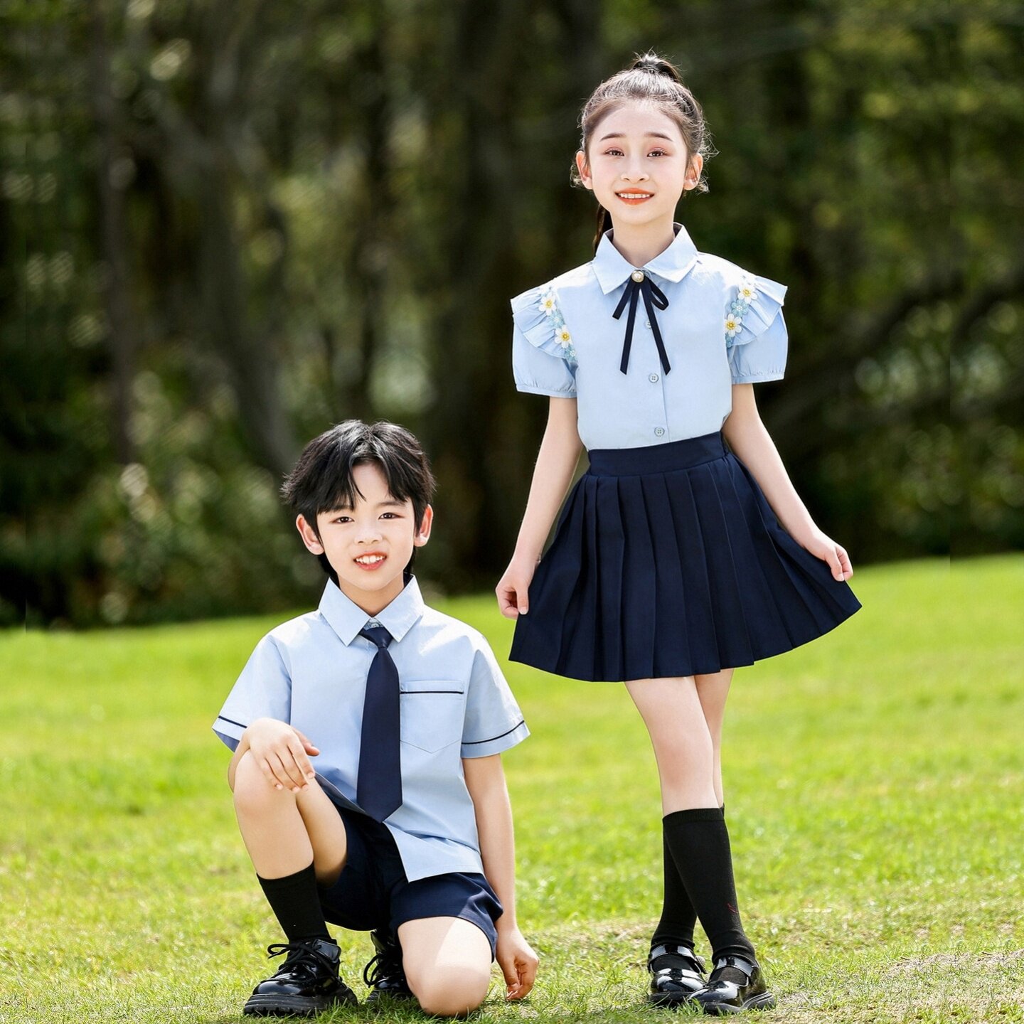 幼儿园园服舞蹈诗歌裤子合唱儿童学院风百褶裙两件套新中式毕业装