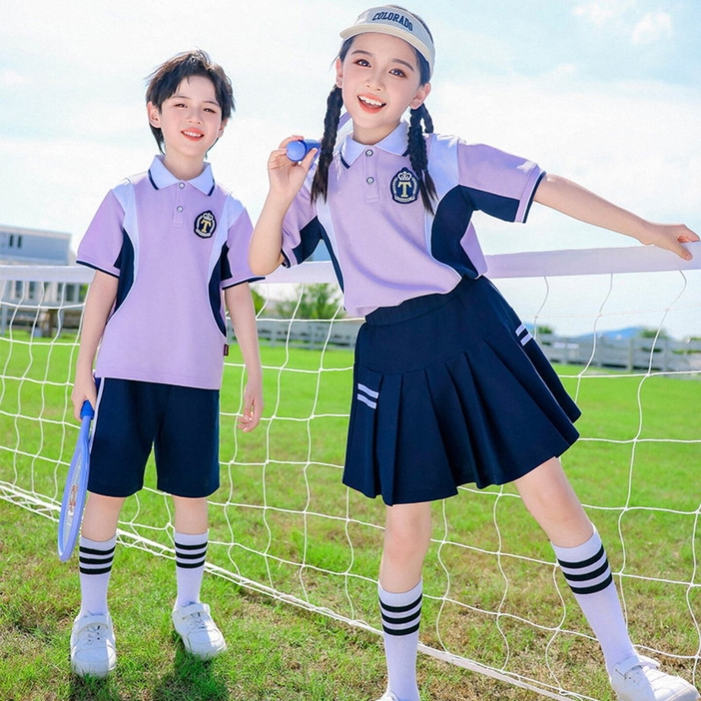 运动风班服短袖两件套毕业班学院风合唱西装新中式英伦风百褶裙