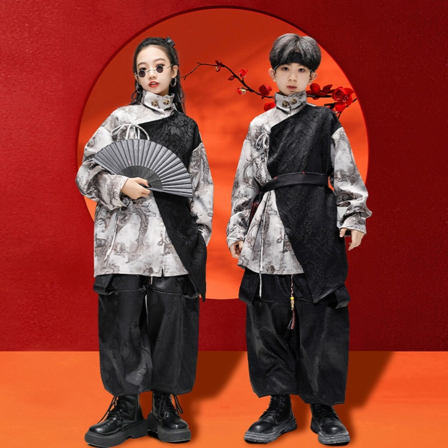 街舞儿童潮服hiphop演出服中国风舞蹈服沙漠风格子男童迷彩裤童服